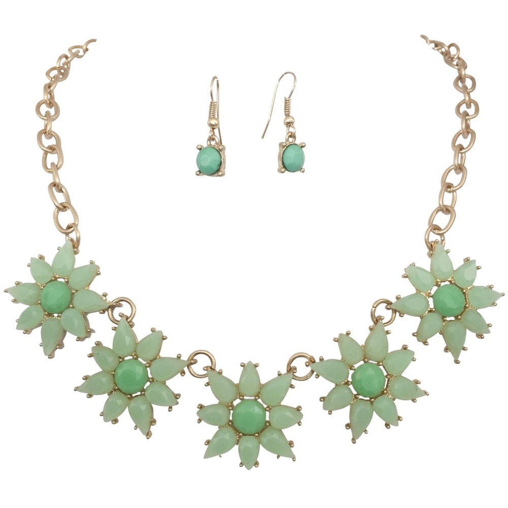 Mint Green Daisy Flower Necklace Earrings Set